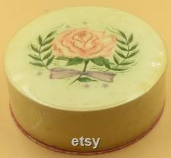 Avon Face Powder Natural Rosy Shade. Pink Rose top on cream color hard plastic container box with lid. Pink Trim. Vintage. Usable