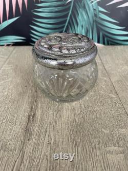 Avon glass trinket or powder pot with silver coloured lid dressing table decor
