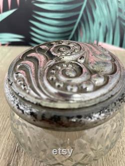 Avon glass trinket or powder pot with silver coloured lid dressing table decor