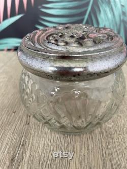 Avon glass trinket or powder pot with silver coloured lid dressing table decor