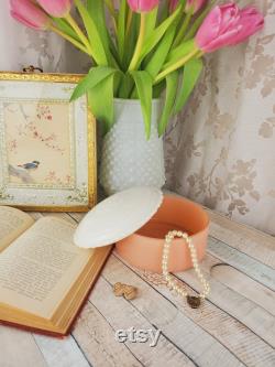 BEAUTIFUL Vintage Glass powder box with creamy ivory rose top and pink base