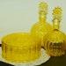 BRIGHT YELLOW Art Deco Glass Vanity Set with Powder Puff Box and 2 Ribbed Perfume Bottles with Sun Flower Dabber Stopper Delicate Swirl Fluted