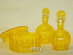 BRIGHT YELLOW Art Deco Glass Vanity Set with Powder Puff Box and 2 Ribbed Perfume Bottles with Sun Flower Dabber Stopper Delicate Swirl Fluted