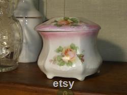 Bavarian porcelain antique powder jar with pink rose floral pattern. Free Shipping