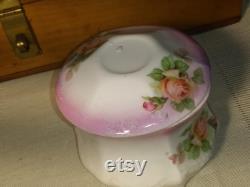 Bavarian porcelain antique powder jar with pink rose floral pattern. Free Shipping