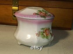 Bavarian porcelain antique powder jar with pink rose floral pattern. Free Shipping