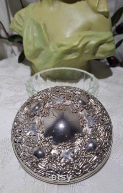 Beautiful Vintage Godinger Silver Plated Art Nouveau Style Round Cut Glass Powder Jar with Mirror Lid Vintage Vanity Jar
