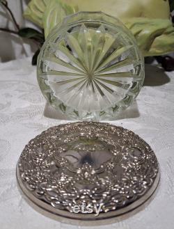 Beautiful Vintage Godinger Silver Plated Art Nouveau Style Round Cut Glass Powder Jar with Mirror Lid Vintage Vanity Jar