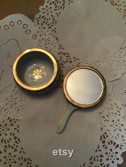 Beautiful Vintage Hand Painted Powder Trinket Box With Handled Mirror Lid Lovely Hand Painted Design ARDALT Japan