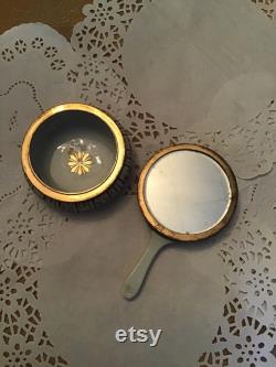 Beautiful Vintage Hand Painted Powder Trinket Box With Handled Mirror Lid Lovely Hand Painted Design ARDALT Japan