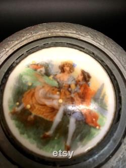 Beautiful Vintage Metal Musical Powder Puff Box. Porcelain Lid with Romantic Courting Couple