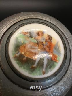Beautiful Vintage Metal Musical Powder Puff Box. Porcelain Lid with Romantic Courting Couple