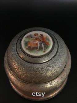 Beautiful Vintage Metal Musical Powder Puff Box. Porcelain Lid with Romantic Courting Couple