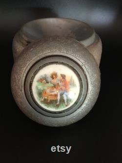 Beautiful Vintage Metal Musical Powder Puff Box. Porcelain Lid with Romantic Courting Couple