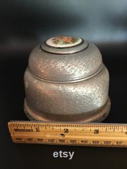 Beautiful Vintage Metal Musical Powder Puff Box. Porcelain Lid with Romantic Courting Couple