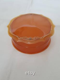 Beautiful Vintage Powder Pot or Trinket Box in Faux Amber c1930s Early Plastic. Black and Gold Decoration. Vintage Dressing Table Pot (M)