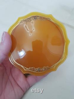 Beautiful Vintage Powder Pot or Trinket Box in Faux Amber c1930s Early Plastic. Black and Gold Decoration. Vintage Dressing Table Pot (M)