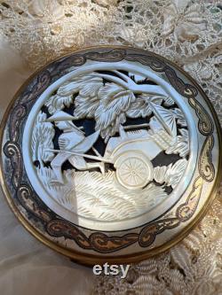 Beautiful carved mother of pearl compact,vintage powder box,old compact,rickshaw ,renliche compact,mop box,something old