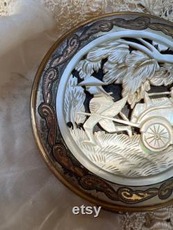Beautiful carved mother of pearl compact,vintage powder box,old compact,rickshaw ,renliche compact,mop box,something old