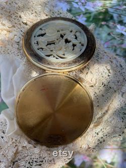 Beautiful carved mother of pearl compact,vintage powder box,old compact,rickshaw ,renliche compact,mop box,something old