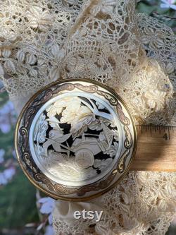 Beautiful carved mother of pearl compact,vintage powder box,old compact,rickshaw ,renliche compact,mop box,something old