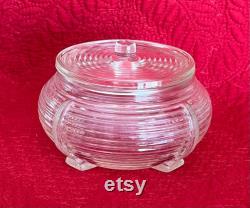 Beehive Rings Powder Jar Art Deco Style Clear Glass Round with Lid Cosmetics Dresser Vanity Jar Vintage