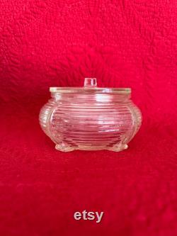 Beehive Rings Powder Jar Art Deco Style Clear Glass Round with Lid Cosmetics Dresser Vanity Jar Vintage