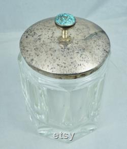 Big Michael Schmaltz Native American Algonquin Sterling Turquoise Glass Vanity Jar Box Vintage Silver