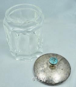 Big Michael Schmaltz Native American Algonquin Sterling Turquoise Glass Vanity Jar Box Vintage Silver