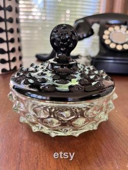 Black Amethyst Glass Hobnail Crystal Powder Bowl For Vanity Dresser