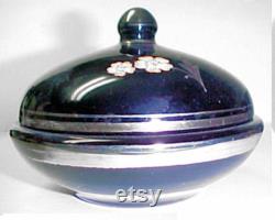 Black Glass Powder Box Trinket Jar Vanity Vintage Silver Yellow Flowers