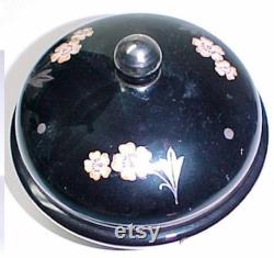 Black Glass Powder Box Trinket Jar Vanity Vintage Silver Yellow Flowers