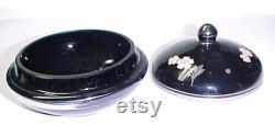 Black Glass Powder Box Trinket Jar Vanity Vintage Silver Yellow Flowers