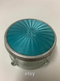 Blue Metal Lid with Rose Design Footed Powder Trinket Ribbed Glass Jar Vintage