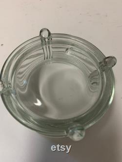 Blue Metal Lid with Rose Design Footed Powder Trinket Ribbed Glass Jar Vintage