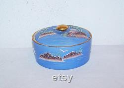 Blue Satsuma Covered Powder Jar, Trinket Box, Raised Palm Trees, Water and Seagulls Scene, Hand Painted