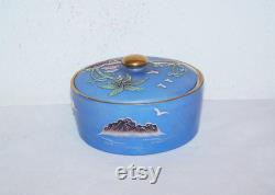 Blue Satsuma Covered Powder Jar, Trinket Box, Raised Palm Trees, Water and Seagulls Scene, Hand Painted