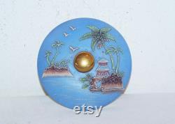 Blue Satsuma Covered Powder Jar, Trinket Box, Raised Palm Trees, Water and Seagulls Scene, Hand Painted