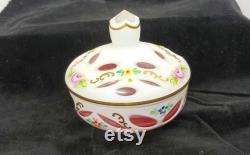 Bohemian Czech Vanity Powder Jar Jewelry Trinket Box Reverse Cased Cut to Clear Glass Hand Painted J334