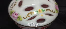 Bohemian Czech Vanity Powder Jar Jewelry Trinket Box Reverse Cased Cut to Clear Glass Hand Painted J334