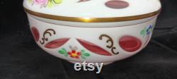 Bohemian Czech Vanity Powder Jar Jewelry Trinket Box Reverse Cased Cut to Clear Glass Hand Painted J334