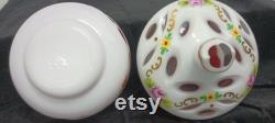 Bohemian Czech Vanity Powder Jar Jewelry Trinket Box Reverse Cased Cut to Clear Glass Hand Painted J334
