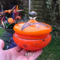 Bohemian Glass Powder Jar, Enamelled and Hand Painted Orange Cased Glass, Antique Art Deco, Circa 1930, 4 x 4 Excellent Condition