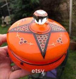 Bohemian Glass Powder Jar, Enamelled and Hand Painted Orange Cased Glass, Antique Art Deco, Circa 1930, 4 x 4 Excellent Condition