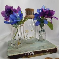 Botanical Glass Bottle Set withCork Stoppers, Vanity Set, Boudoir Decor, Floral Bottles
