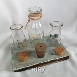Botanical Glass Bottle Set withCork Stoppers, Vanity Set, Boudoir Decor, Floral Bottles