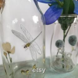 Botanical Glass Bottle Set withCork Stoppers, Vanity Set, Boudoir Decor, Floral Bottles