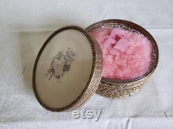 Brass Filigree Powder Box with Painted Silk Mirror Cover, Glass Powder Bowl, and Puff with Satin Ribbon