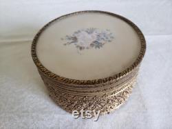 Brass Filigree Powder Box with Painted Silk Mirror Cover, Glass Powder Bowl, and Puff with Satin Ribbon