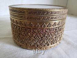 Brass Filigree Powder Box with Painted Silk Mirror Cover, Glass Powder Bowl, and Puff with Satin Ribbon